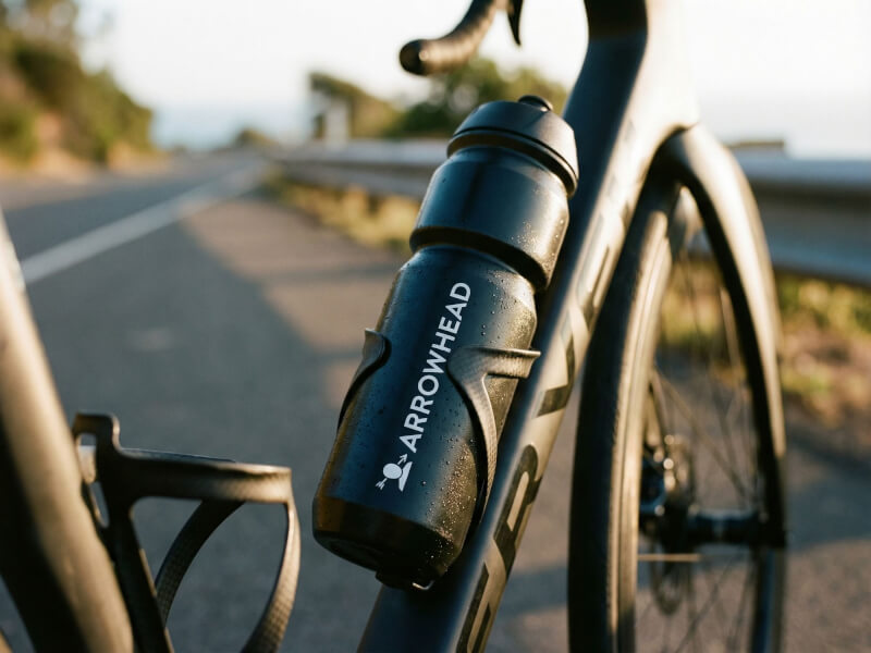 Svart Arrowhead sportflaska monterad på underkanten av ramen till en landsvägscykel, intill ett vägräcke i eftermiddagsljus