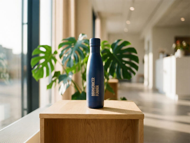 Matt mörkblå Termosflaska Vasa med lasergraverad logotyp för Barncancerfonden, stående på en trämöbel i en ljus och modern kontorsmiljö med en monstera i bakgrunden.