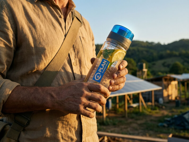 Äldre person i beige skjorta som i solljus utomhus håller en transparent vattenflaska med infuserad citron och Plan International-tryck