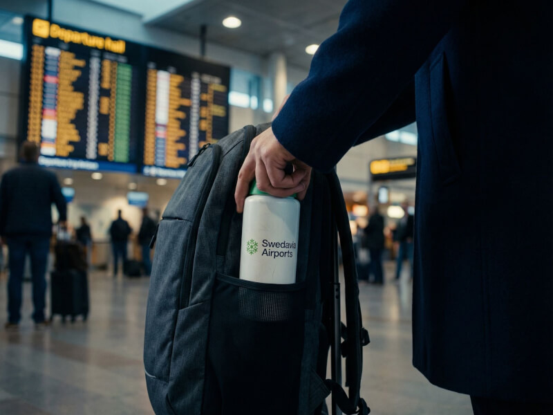 Person som stoppar en vit Swedavia Airports sportflaska i en ryggsäck inuti en flygplatsterminal med avgångstavla i suddig bakgrund