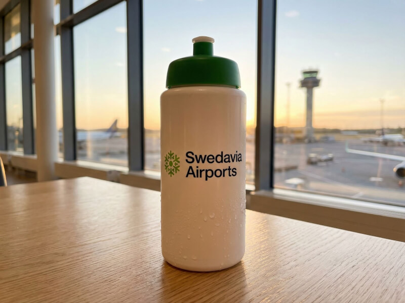Vit sportflaska med Swedavia Airports-logotyp och grönt lock stående på ett bord vid ett stort fönster i en flygplatsterminal vid solnedgång