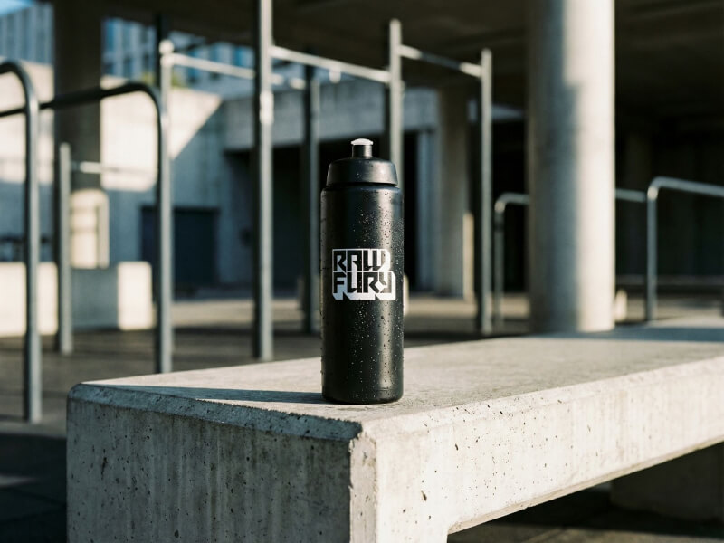 Svart sportflaska med Raw Fury-tryck stående på en betongbänk i en modern utomhus träningsanläggning med pelare