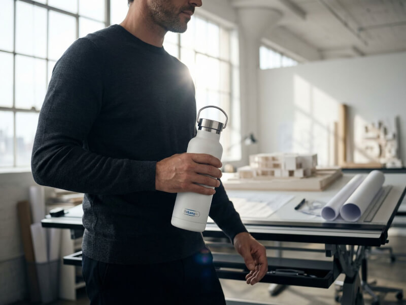 Man på ett ljust arkitektkontor som håller en matt vit Termosflaska Thor 650 med lock i rostfritt stål och blått logotyptryck.