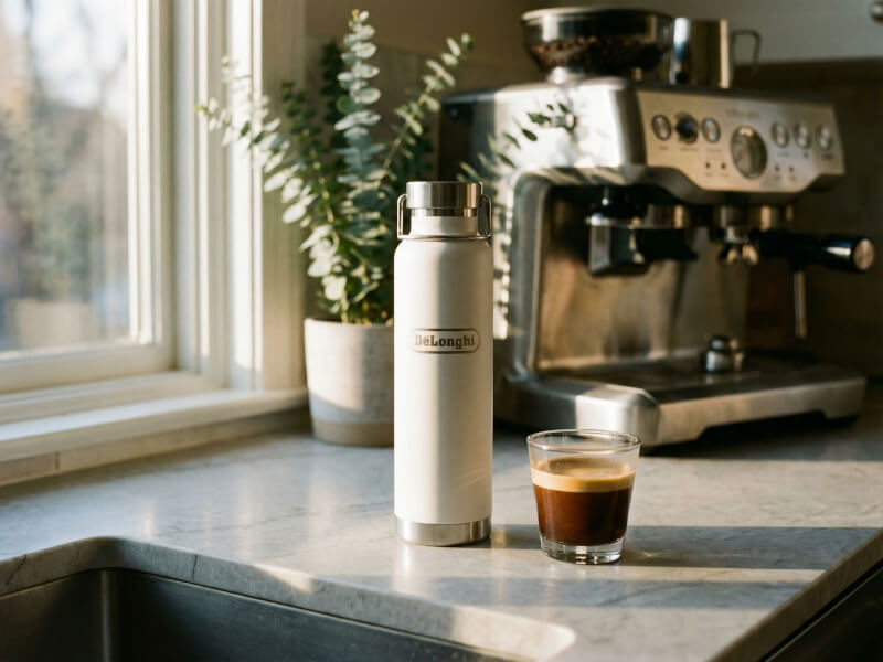 Vit matt Termosflaska Thor 650 med rostfria detaljer och lasergraverad logotyp, stående på en solbelyst köksbänk bredvid en glas-espresso och en kaffemaskin i bakgrunden.