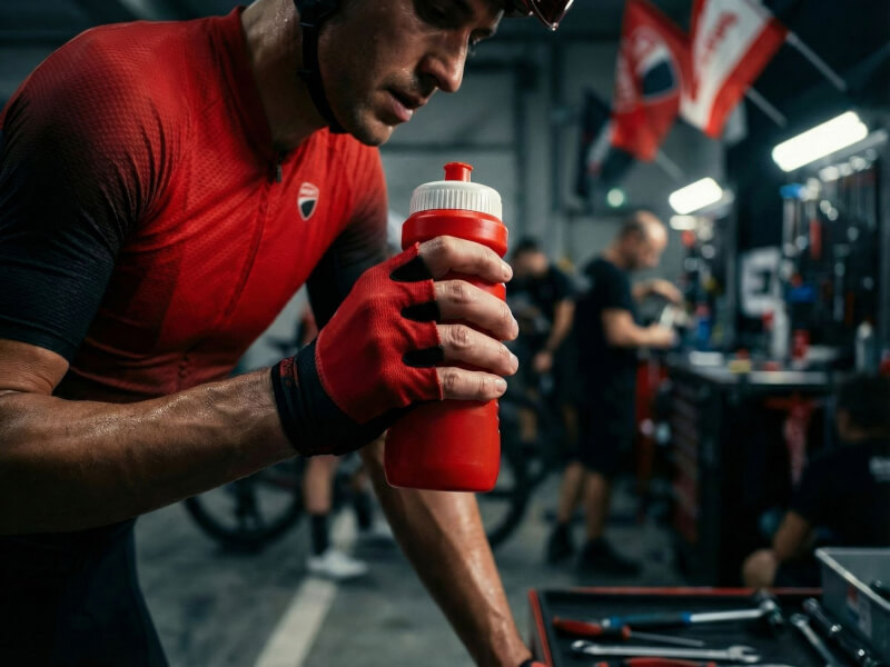 Mekaniker eller cyklist i röd-svart tröja dricker ur en röd Ducati sportflaska i en stökig racingdepå eller ett garage