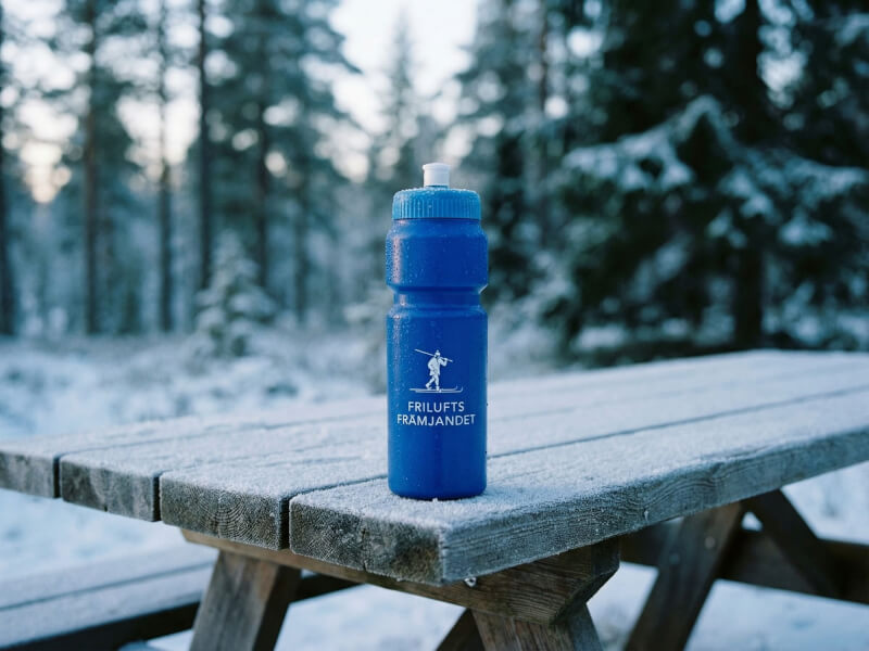 Blå sportflaska från Friluftsfrämjandet stående stolt på en tung, frostbiten och snötäckt träbänk i en gnistrande vacker vinterskog