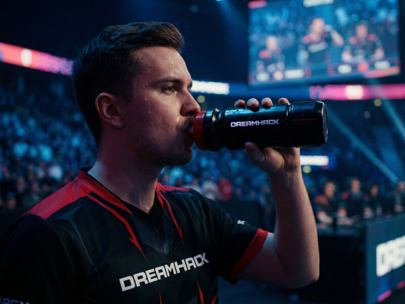 E-sportspelare i svart tröja med röda detaljer dricker från en svart Dreamhack sportflaska mitt i en stor upplyst arena