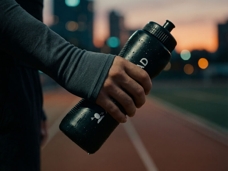 Hand hållandes en fuktid svart sportflaska med Arrowhead-tryck vid en friidrottsbana utomhus under en stämningsfull kväll