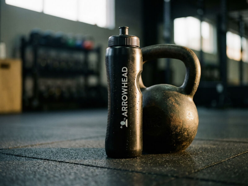 Svart Arrowhead sportflaska stående intill en tung kettlebell på golvet i ett ruffigt och stämningsfullt gym