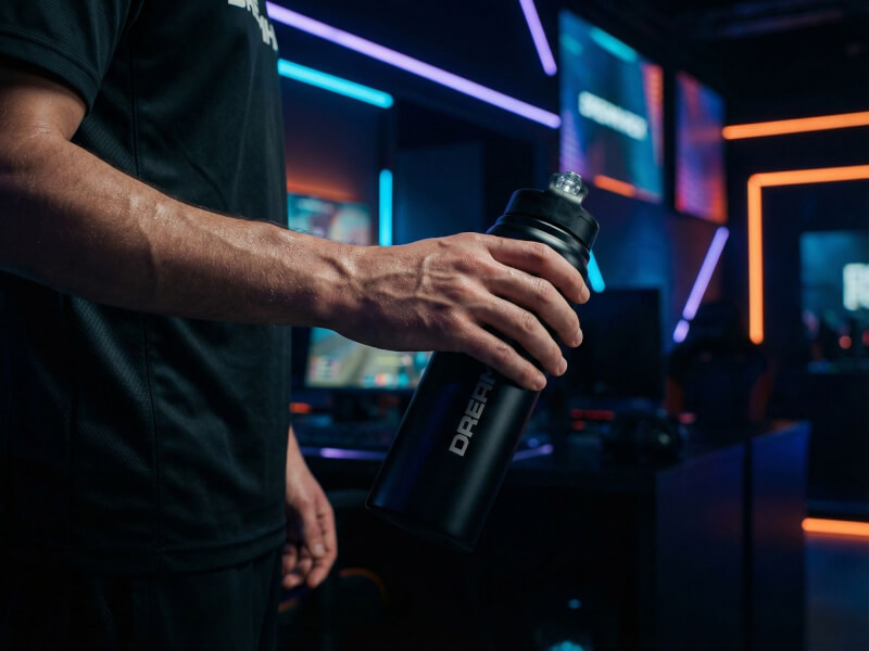 Person som håller en svart sportvattenflaska med Dreamhack-tryck i en mörk gaming-miljö med rosa och blå neonbelysning