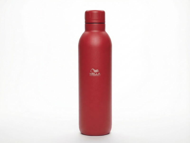 Matt röd Termosflaska Thor 510 med silverfärgad Wella Professionals-logotyp i lasergravyr mot en vit bakgrund
