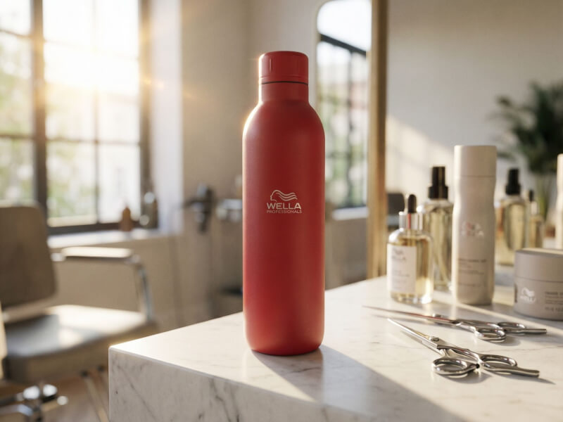 Matt röd Termosflaska Thor 510 med vitt Wella Professionals-tryck stående på en marmorbänk i en ljus frisörsalong bredvid saxar och hårprodukter.