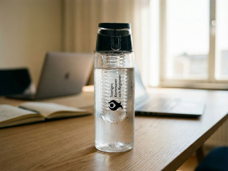 Vattenflaska Agave med tampotryck med bred öppning i glas i användning på kontorsskrivbord i mötesrum