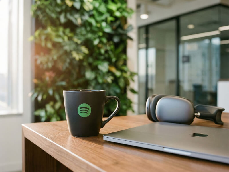 Stengodsmugg Freja i matt svart finish med tryckt grön Spotify-logotyp på ett skrivbord i en modern kontorsmiljö med växter i bakgrunden.