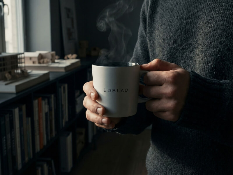 Person som håller i en vit matt stengodsmugg med tryckt logotyp och rykande varm dryck i en mysig kontorsmiljö.