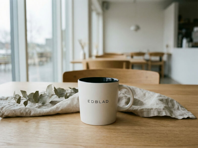 Stengodsmugg Emma Vit med svart tryck placerad på ett träbord i en ljus, modern restaurangmiljö.