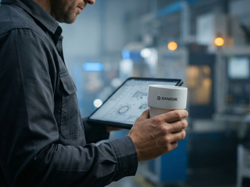 En man i arbetskläder håller en vit glansig porslinsmugg Stella med Sandvik-logotyp tryckt i en industriell fabriksmiljö.