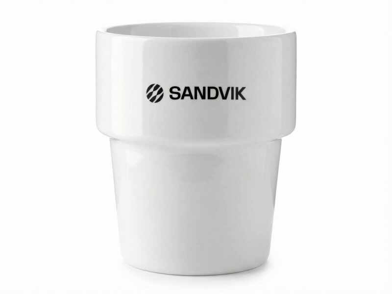 Vit Porslinsmugg Stella med tampotryck och Sandvik-logotyp - i porslin med tunn kant
