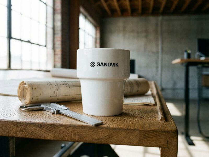 Vit blank porslinsmugg Stella med Sandvik-logotyp tryckt på framsidan, placerad på ett träbord i en industriell kontorsmiljö med ritningar och ett skjutmått.