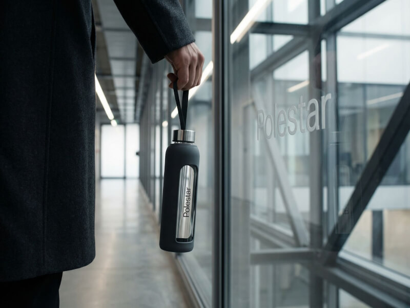 Vattenflaska Tide med Polestar-tryck fotograferad i kontor.