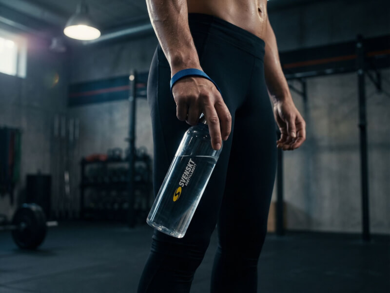 Person i svarta träningskläder håller en transparent Svenskt Kosttillskott sportflaska i en mörk och industriell gymmiljö