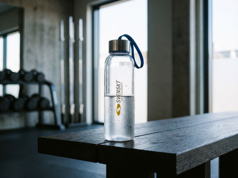 Transparent sportflaska från Svenskt Kosttillskott stående på en mörk bänk i en ljus gymmiljö med stora fönster och skivstänger i bakgrunden
