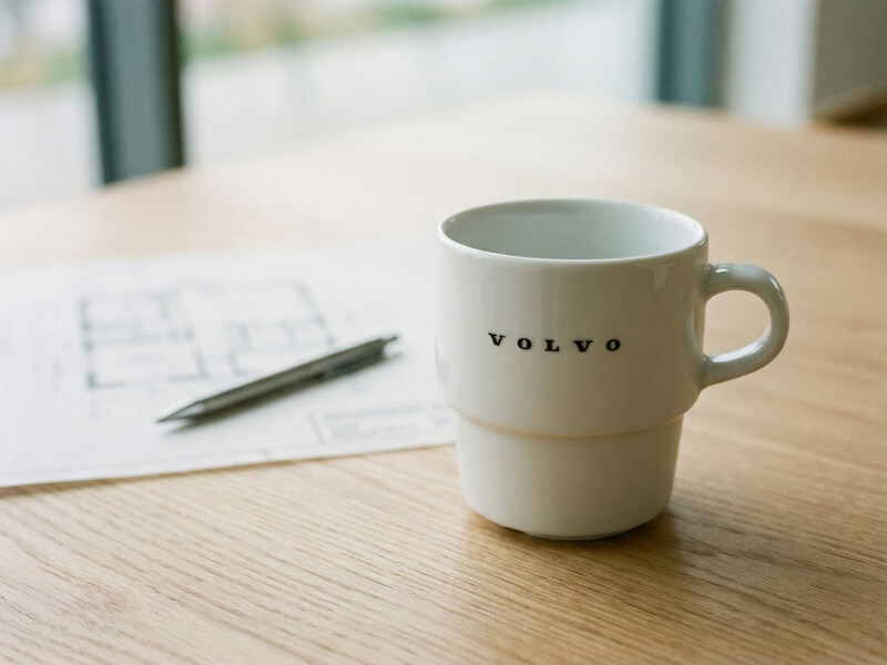 Vit porslinsmugg Stina med svart Volvo-logotyp på ett träbord i en kontorsmiljö med ritningar i bakgrunden.