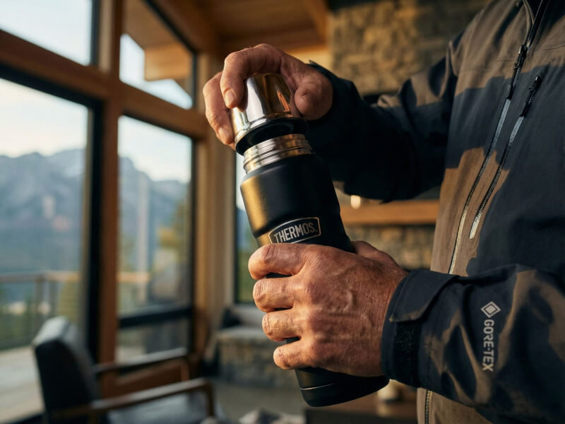 Friluftsfrämjande person i Gore-Tex-jacka skruvar på locket på en Garmin-gravyr termosklädd i läder, inuti ett trähus med fönster ut mot fjäll och berg