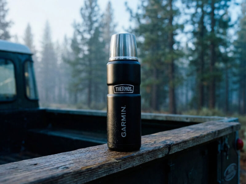 Svart Thermos-termos med Garmin-gravyr uppställd på bakluckan av en väderbiten terrängbil eller pickup, i en magisk, dimmig granskog tidigt på morgonen