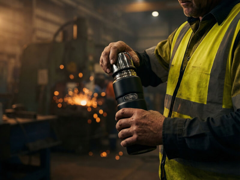Bygg- eller industriarbetare i gul varselväst och smutsiga händer greppar en svart Sandvik Thermos på en gnistrande, mörk verkstadsgolv