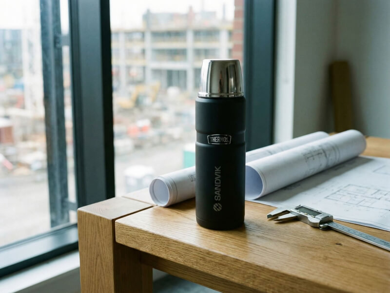 Svart Sandvik Thermos stående på ett ljust träskrivbord i anslutning till ritningsrullar och skjutmått vid ett stort fönster