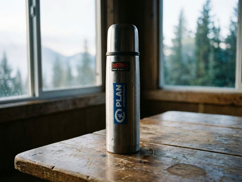 Klassisk ståltermos med Plan International-tryck placerad på ett rustikt träbord intill ett frostat fönster med utsikt mot snöig granskog