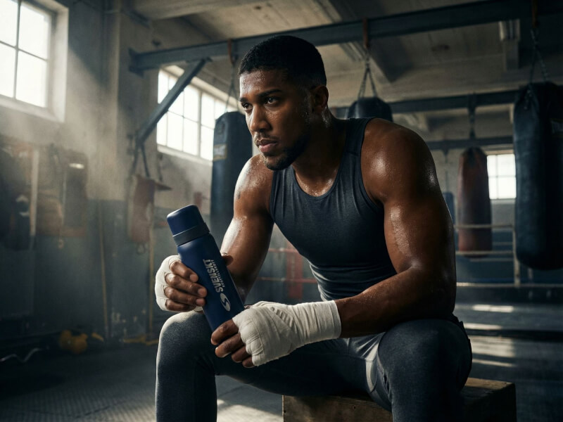 Sittande boxare med lindade händer som vilar och håller en mörkblå Svenskt Kosttillskott-termos i en stämningsfullt upplyst boxningsklubb