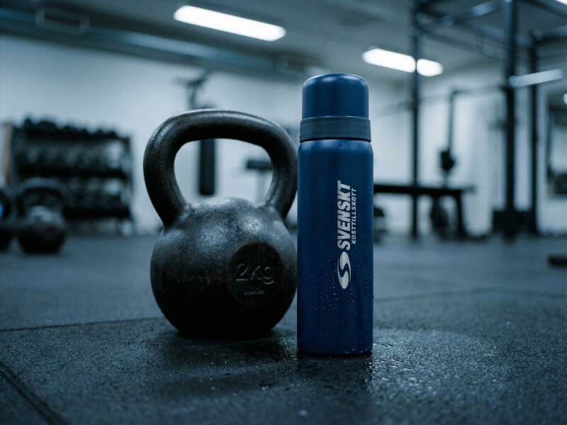 Mörkblå termos från Svenskt Kosttillskott stående jämte en tung kettlebell av järn på golvet i ett industriellt gym