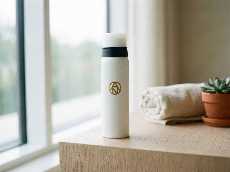 Vit termos med guldtryck stående på en ljus träbänk jämte en rullad beige handduk i en avkopplande miljö