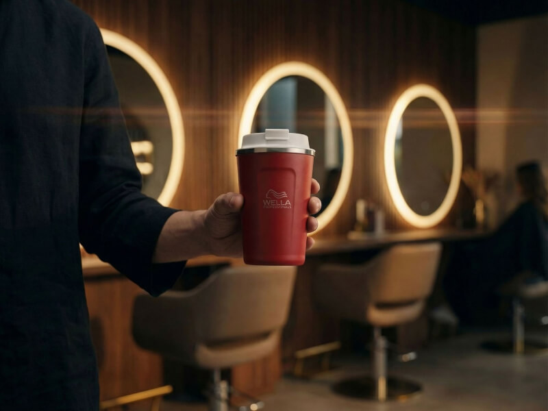 Röd matt termosmugg Thor 350 med tryckt Wella Professionals-logotyp, hållen i en hand i en modern frisörsalong med upplysta speglar.