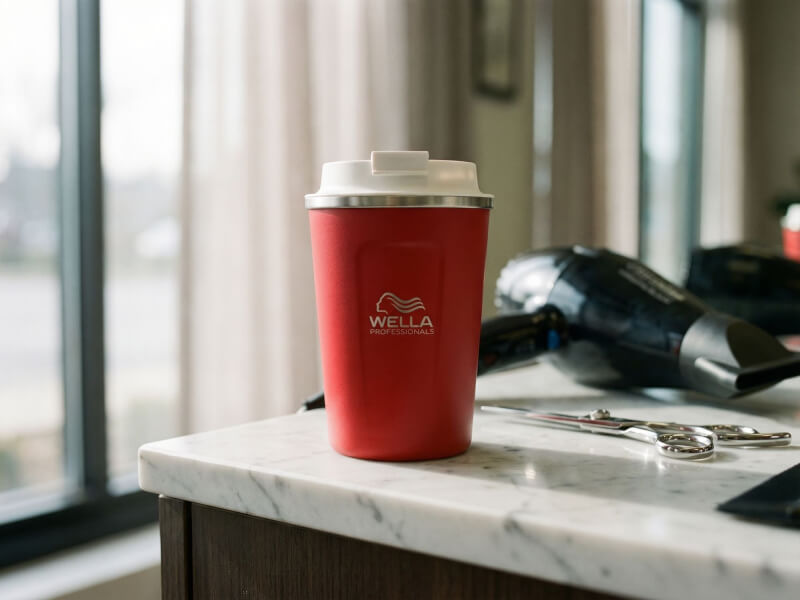 Röd termosmugg Thor 350 med matt finish och Wella Professionals-logotyp, placerad på en marmordisk i en frisörsalong med hårfön och sax i bakgrunden.