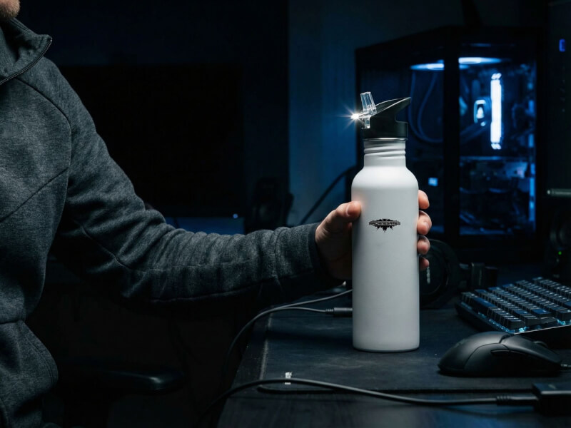 Vattenflaska Flip i vit med MachineGames-tryck fotograferad vid dataskärm i gaming-miljö