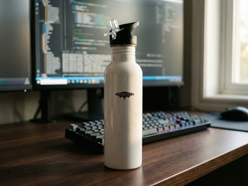 Tampotryckt vattenflaska flip med flip-lock och bärögla fotograferad vid dataskärm i gaming-miljö