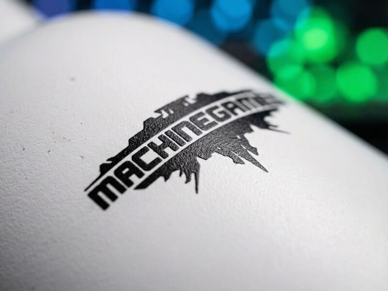 Detaljbild av tampotryckt MachineGames-logotyp på Vattenflaska Flip i vit