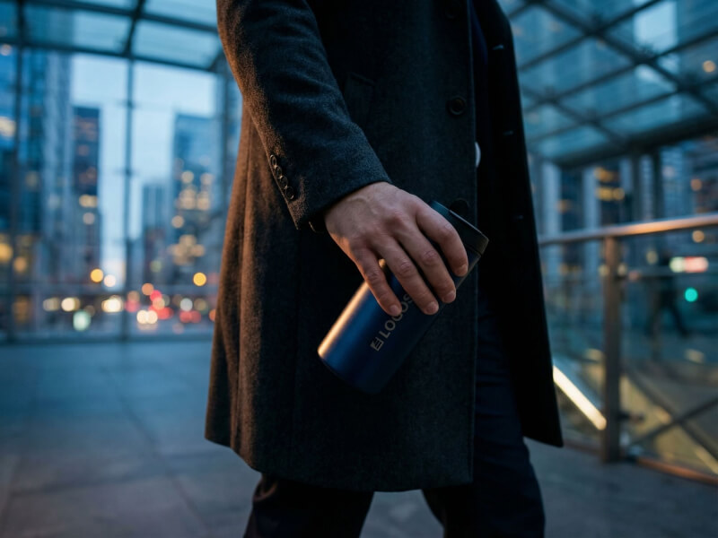 En person i en stilren mörk rock håller i en marinblå termosmugg Metro med laserngraverad logotyp i en modern stadsmiljö under skymning.