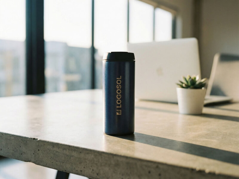 Mörkblå termosmugg Metro med matt finish och laserngraverad LOGOSOL-logotyp, placerad på ett betongbord i en ljus kontorsmiljö.