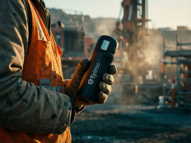 En arbetare i skyddskläder på en byggarbetsplats håller en matt svart termosmugg Easy med laserngraverad Epiroc-logotyp.