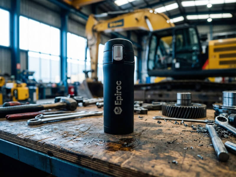 Svart matt termosmugg Easy med laserngraverad Epiroc-logotyp stående på en arbetsbänk i en verkstad med en grävmaskin i bakgrunden.