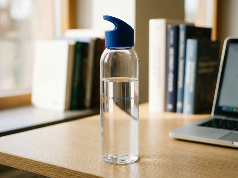 Transparent vattenflaska för Lunds Universitet med mörkblått lock stående på ett skrivbord i ek framför fönster, laptop och böcker