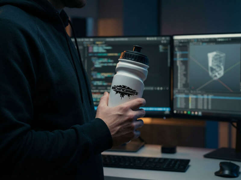 Person i mörk huvtröja hållande i en vit MachineGames sportflaska framför en dator med dubbla skärmar i ett mörkt rum