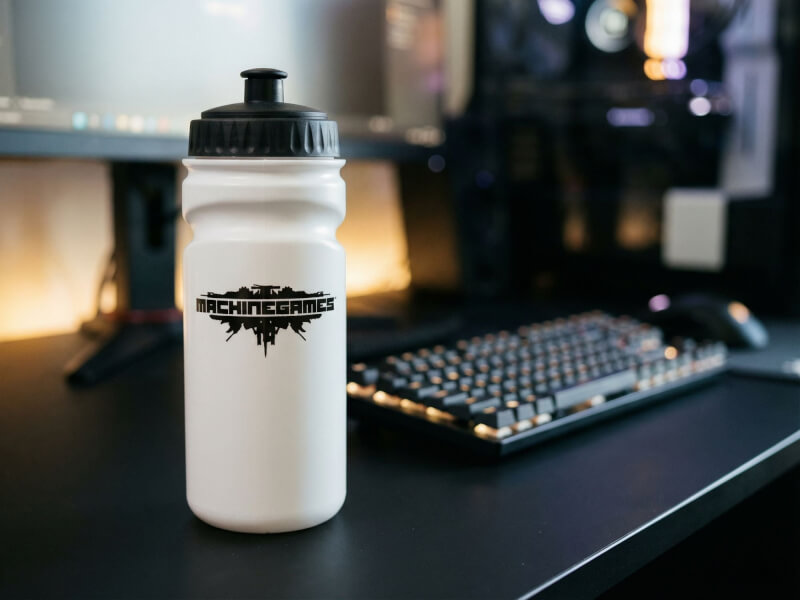 Vit sportflaska med svart lock och MachineGames-tryck stående på en mörk skrivbordsmatta intill ett tangentbord med skärmar i bakgrunden