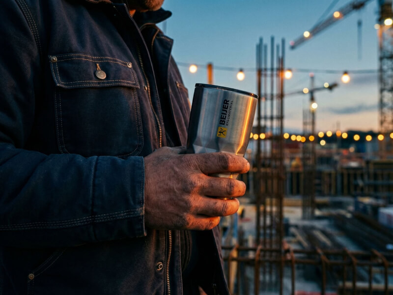 En person i arbetskläder håller en rostfri termosmugg Geo med Beijer Byggmaterial-logotyp tryckt på sidan, i en miljö på en byggarbetsplats i solnedgången.