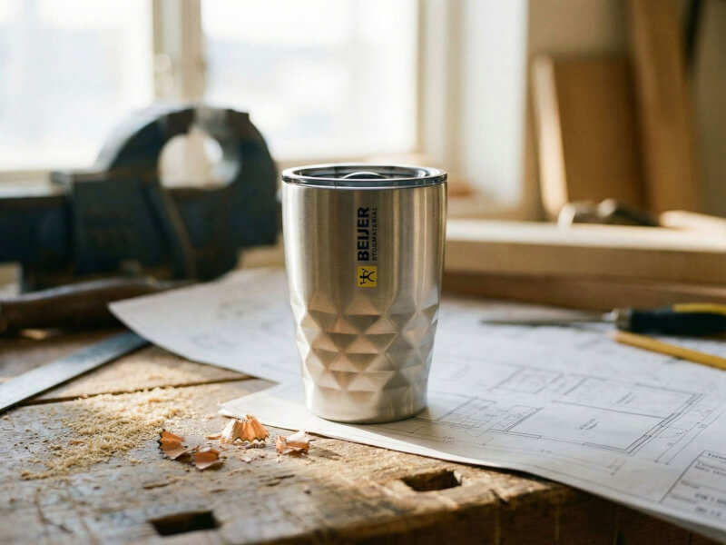 Termosmugg Geo i rostfritt stål med Beijer Byggmaterial-logotyp placerad på en snickarbänk med ritningar i en verkstad.