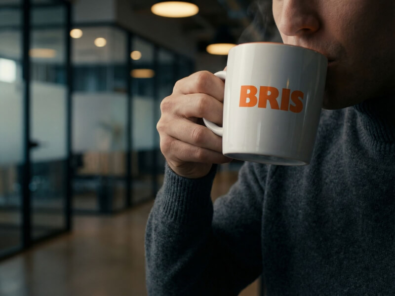 En person i en grå tröja dricker kaffe ur en vit stengodsmugg Emma med orange BRIS-tryck i en modern kontorsmiljö.